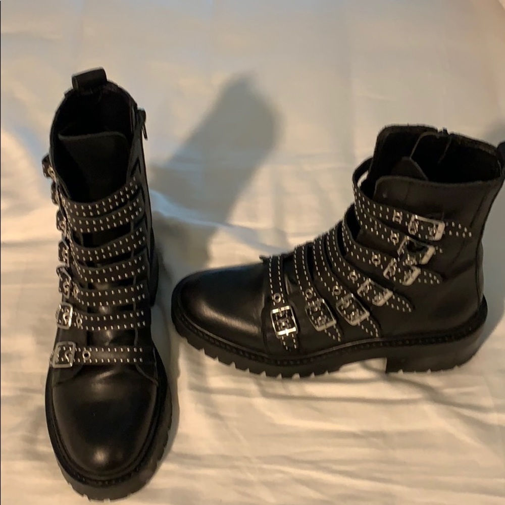 Zara black leather combat boots with side zipper
